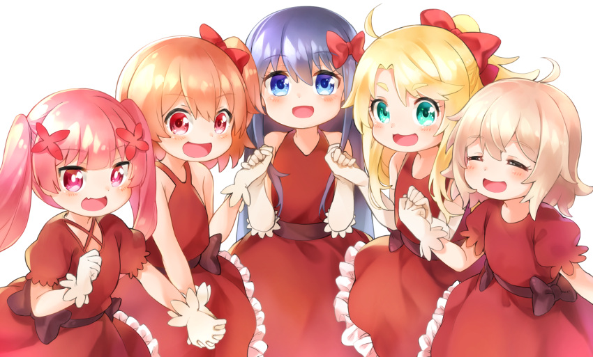 5girls :d absurdres ahoge bangs blonde_hair blue_eyes blue_hair blush bow brown_bow closed_eyes commentary_request dress elbow_gloves eyebrows_visible_through_hair fang flower frilled_dress frills gloves green_eyes hair_between_eyes hair_bow hair_flower hair_ornament hand_holding happy_happy_friends high_ponytail highres himesaka_noa hoshino_hinata interlocked_fingers konomori_kanon light_brown_hair long_hair multiple_girls netamaru open_mouth pink_hair puffy_short_sleeves puffy_sleeves red_bow red_dress red_eyes red_flower shirosaki_hana short_sleeves simple_background sleeveless sleeveless_dress smile tanemura_koyori twintails very_long_hair watashi_ni_tenshi_ga_maiorita! white_background white_gloves