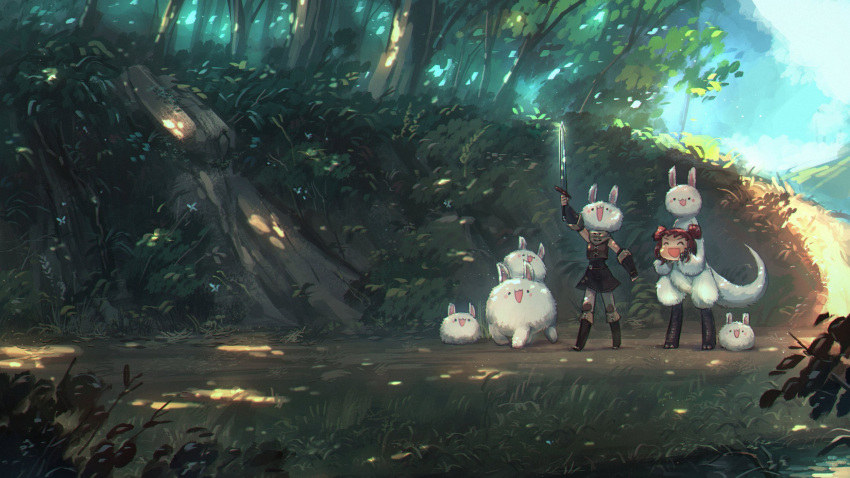 1girl :d ^_^ bracer brown_hair closed_eyes closed_eyes commentary creature day disembodied_head double_bun dullahan english_commentary forest grass highres nature open_mouth original outdoors porforever rabbit short_hair smile sword tree tree_shade weapon