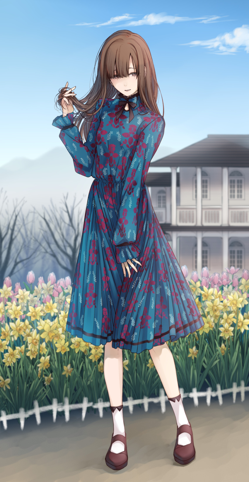 1girl absurdres bangs bare_tree black_bow blue_dress blurry bow brown_eyes brown_hair clouds commentary_request depth_of_field dress floral_print flower full_body high_collar highres idolmaster idolmaster_cinderella_girls loafers long_hair long_sleeves looking_at_viewer mansion mizumoto_yukari outdoors parted_lips playing_with_hair shoes sky smile solo standing toshio tree tulip white_socks