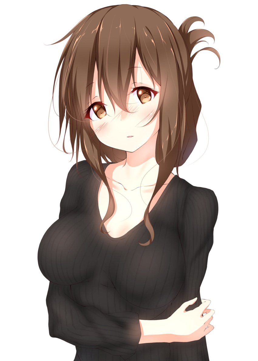 1girl blush brown_hair folded_ponytail highres inazuma_(kantai_collection) kantai_collection long_hair numpopo older simple_background sweater white_background