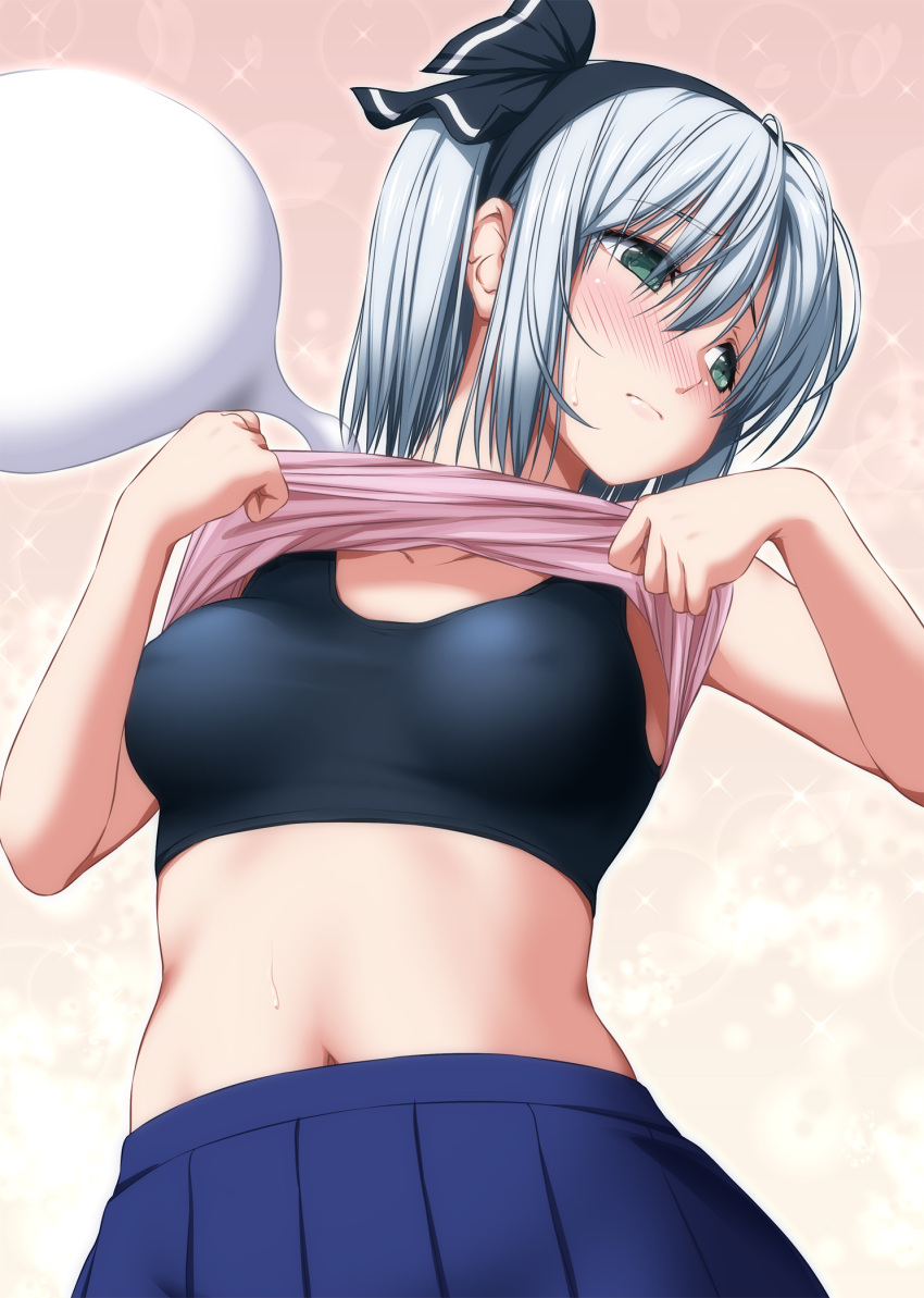 1girl bangs bare_arms bare_shoulders black_hairband black_ribbon black_tank_top blue_skirt blush collarbone commentary_request cowboy_shot crop_top erect_nipples eyebrows_visible_through_hair gradient gradient_background green_eyes hair_between_eyes hair_ribbon hairband highres hitodama konpaku_youmu konpaku_youmu_(ghost) lens_flare lifted_by_self looking_to_the_side midriff navel nori_tamago nose_blush pink_background pink_shirt pleated_skirt ribbon shirt shirt_lift short_hair sidelocks silver_hair skirt solo sparkle sports_bra stomach tank_top touhou