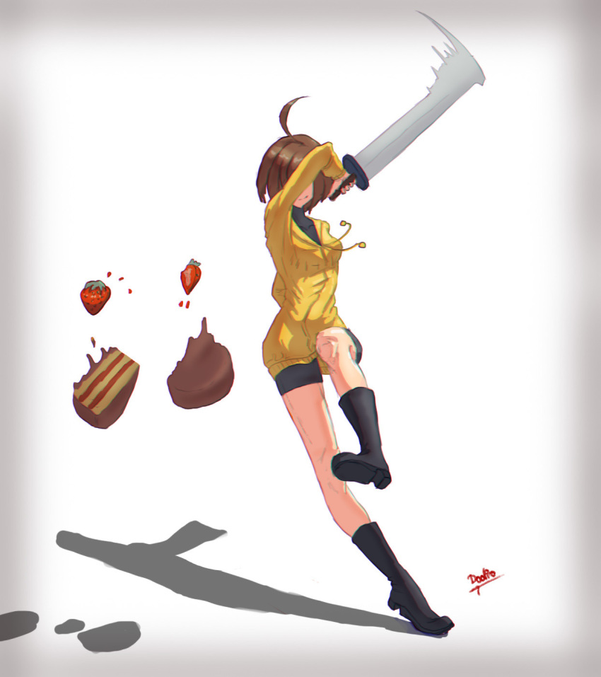 1girl ahoge birthday_cake black_footwear black_shorts boots breasts brown_hair cake chocolate_cake commentary cutting doolio english_commentary food fruit full_body highres hood hood_down hoodie linne reverse_grip short_hair shorts small_breasts solo strawberry sword turtleneck under_night_in-birth weapon