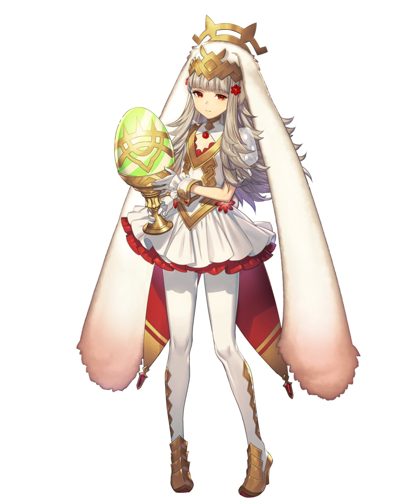 1girl animal_ears bangs closed_mouth dress expressionless eyebrows_visible_through_hair fire_emblem fire_emblem_heroes flat_chest full_body high_heels highres long_hair looking_at_viewer nintendo official_art puffy_short_sleeves puffy_sleeves rabbit_ears red_eyes see-through short_dress short_sleeves silver_hair solo standing transparent_background umiu_geso veronica_(fire_emblem)