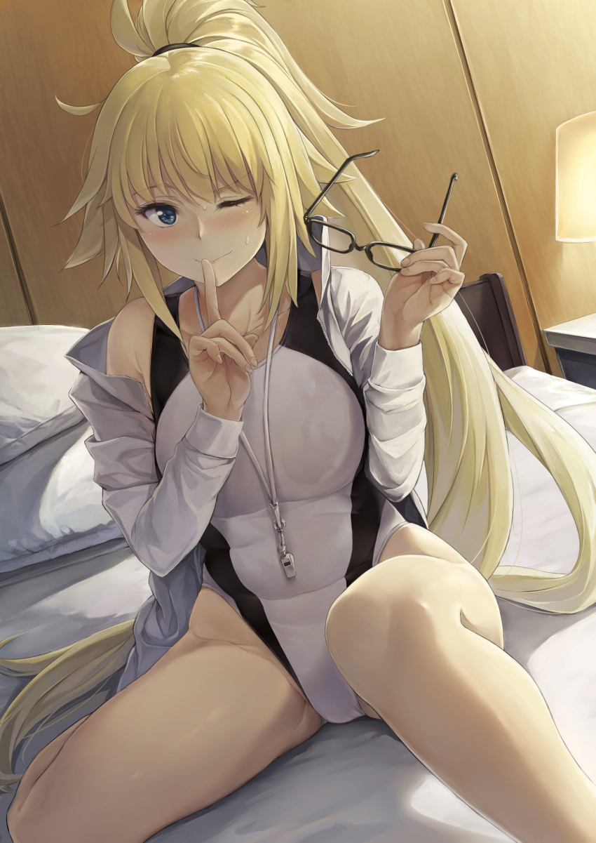 1girl akita_hika bed bedroom black-framed_eyewear blonde_hair blue_eyes competition_swimsuit dutch_angle eyewear_removed fate/grand_order fate_(series) highleg highleg_swimsuit highres index_finger_raised indoors jacket jeanne_d'arc_(fate)_(all) jeanne_d'arc_(swimsuit_archer) lamp long_hair looking_at_viewer one-piece_swimsuit pillow ponytail sitting smile solo swimsuit whistle whistle_around_neck white_jacket white_swimsuit