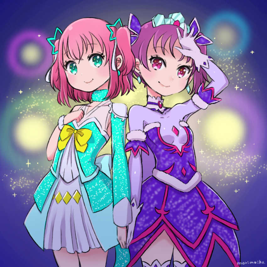 2girls aqua_dress aqua_eyes artist_name awakened_miki bangs blue_dress bow bowtie clenched_hand commentary_request dress earrings fur_trim hair_ornament hair_ribbon hand_holding hand_on_own_chest hand_on_own_forehead highres hoshii_miki jewelry kazuno_leah kurosawa_ruby long_sleeves looking_at_viewer love_live! love_live!_sunshine!! morimaiko multiple_girls overskirt redhead ribbon single_sleeve smile star star_hair_ornament tiara twintails two_side_up violet_eyes white_ribbon yellow_neckwear