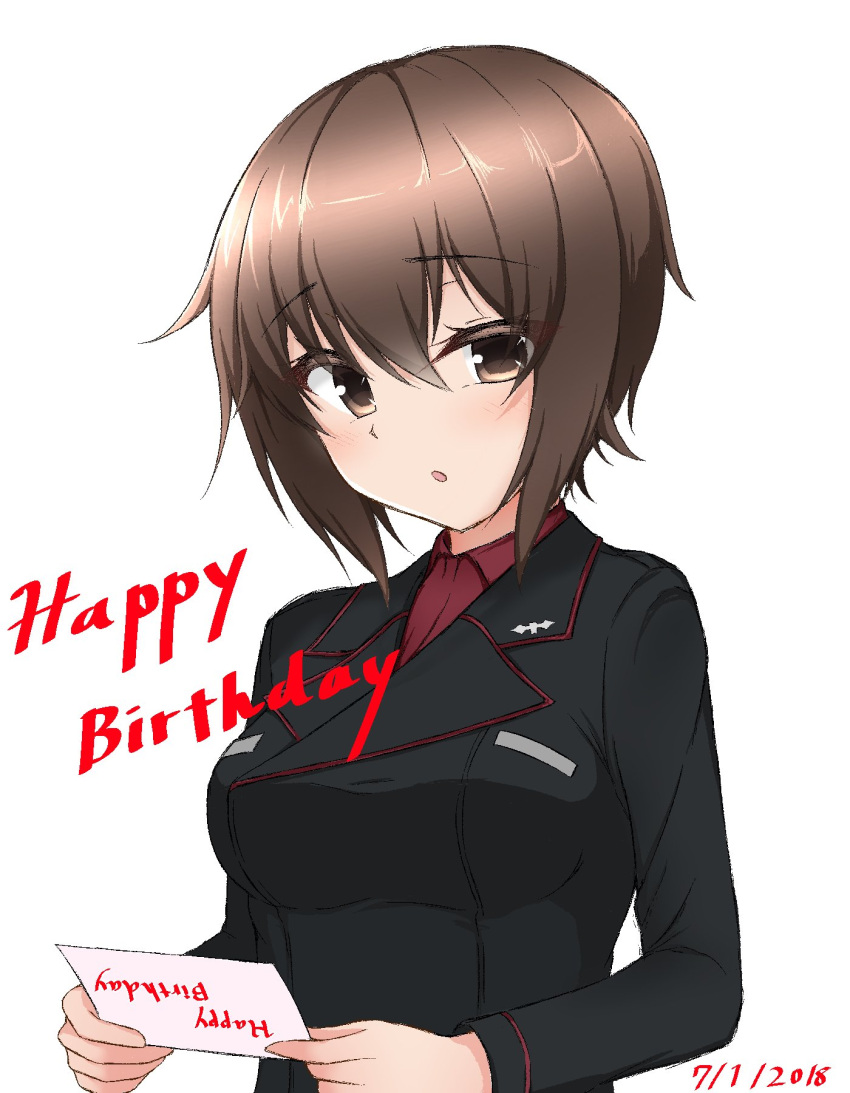 1girl :o bangs black_jacket blush brown_eyes brown_hair commentary dated dress_shirt english_text girls_und_panzer happy_birthday highres insignia jacket kuromorimine_military_uniform long_sleeves looking_at_viewer military military_uniform nama_kn nishizumi_maho open_mouth red_shirt shirt short_hair solo uniform upper_body