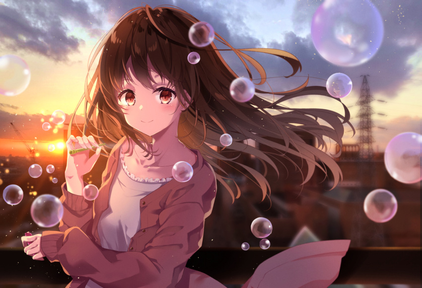 1girl bangs blurry blurry_background blush brown_eyes brown_hair brown_jacket bubble closed_mouth clouds cloudy_sky commentary_request depth_of_field dress evening eyebrows_visible_through_hair floating_hair jacket kisaragi_yuri long_hair long_sleeves open_clothes open_jacket original outdoors power_lines sky sleeves_past_wrists smile solo sunset transmission_tower white_dress