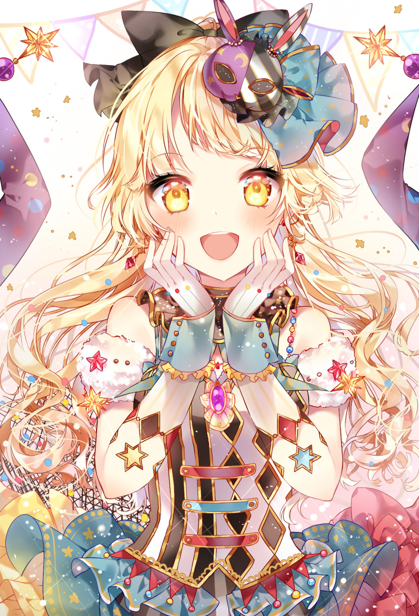 1girl :d asymmetrical_clothes bang_dream! bangs black_bow blonde_hair blush bow brooch bunny_mask commentary dress earrings elbow_gloves frilled_shirt_collar frills gloves hair_bow hair_ornament hands_on_own_cheeks hands_on_own_face highres jewelry long_hair looking_at_viewer mask mask_on_head open_mouth smile solo sparkle star string_of_flags striped taya_5323203 tsurumaki_kokoro upper_body vertical_stripes wrist_cuffs yellow_eyes