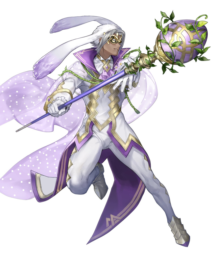 1boy alternate_costume animal_ears cape dark_skin egg fire_emblem fire_emblem_heroes flower full_body gloves grey_hair highres leaf male_focus mask mysterious_man_(fire_emblem) nintendo official_art p-nekor rabbit_ears solo staff teeth transparent_background