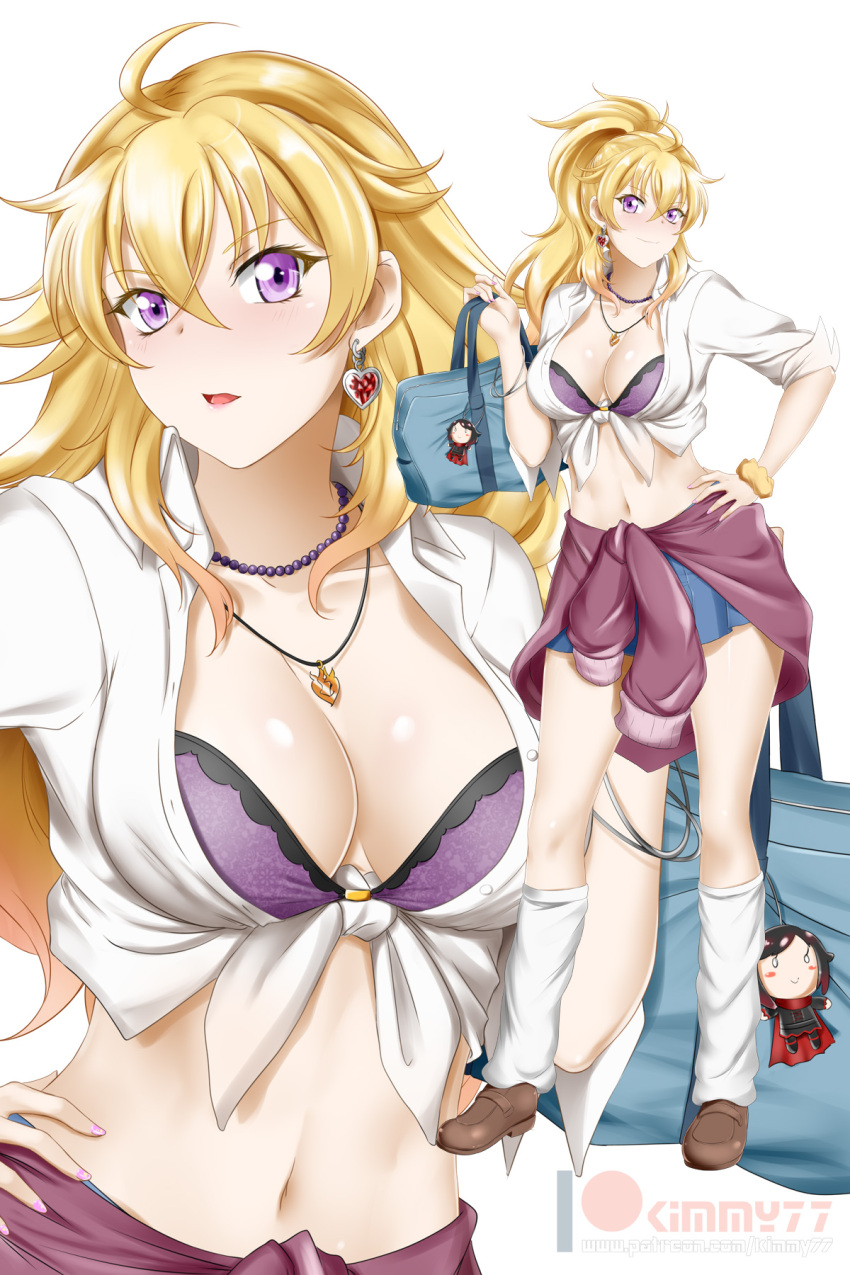 1girl ahoge alfred_cullado asymmetrical_hair blonde_hair blush bra bracelet breasts cardigan earrings eyebrows_visible_through_hair gyaru highres jewelry large_breasts long_hair loose_socks nail_polish necklace plaid plaid_skirt ponytail purple_bra rwby school_uniform skirt smile socks tagme underwear violet_eyes wavy_hair yang_xiao_long zoom_layer