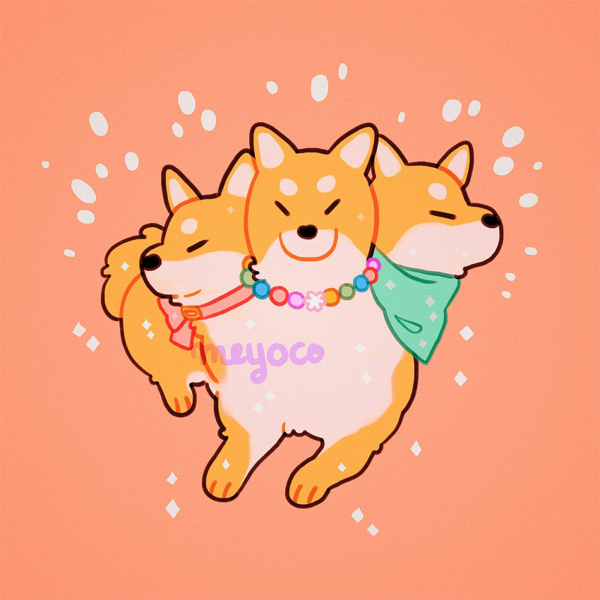 animal animal_focus aqua_bandana artist_name bandanna bow cerberus collar dog highres jewelry meyoco necklace no_humans orange_background original pink_bow shiba_inu simple_background sparkle