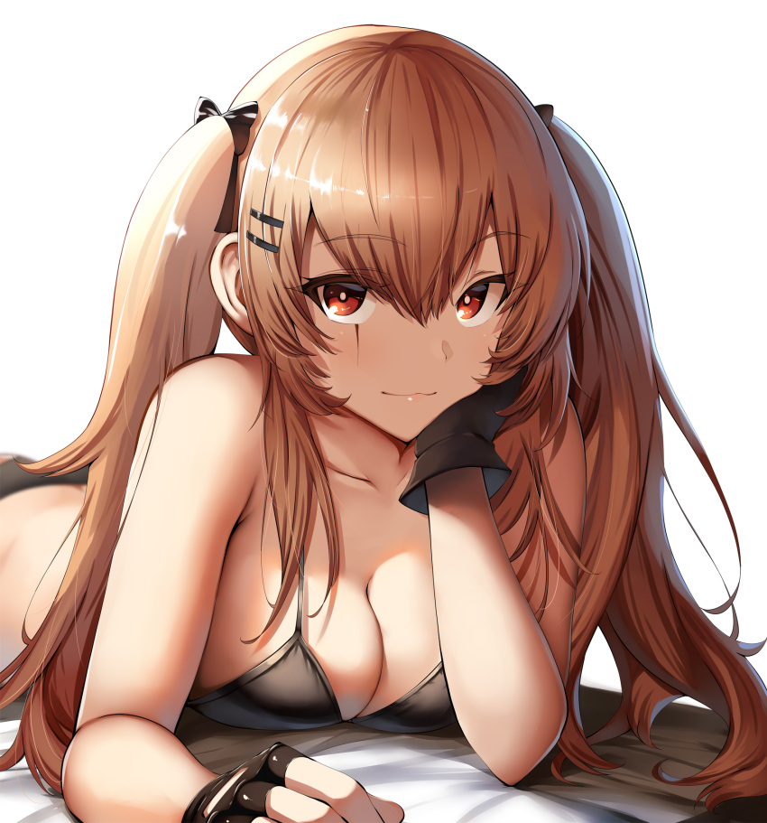 1girl :3 bangs bare_shoulders bikini black_bikini black_gloves black_ribbon blurry blurry_background blush breasts brown_hair cleavage closed_mouth collarbone eyebrows_visible_through_hair girls_frontline gloves hair_between_eyes hair_ornament hair_ribbon hairclip head_on_hand highres large_breasts long_hair looking_at_viewer lying on_stomach red_eyes ribbon scar scar_across_eye smile sootoku swimsuit twintails ump9_(girls_frontline)