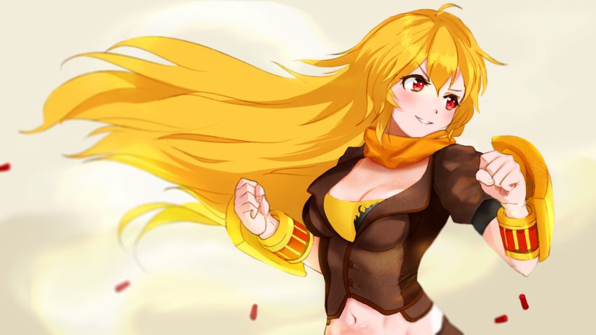 1girl blonde_hair breasts brown_jacket cleavage clisapex floating_hair hair_between_eyes highres jacket long_hair medium_breasts midriff navel parted_lips red_eyes rwby short_sleeves simple_background smile solo stance standing stomach upper_body very_long_hair white_background yang_xiao_long