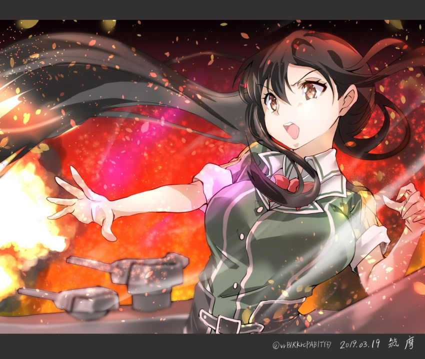 1girl black_eyes black_hair breasts character_name chikuma_(kantai_collection) commentary_request dated fire firing highres kantai_collection large_breasts long_hair machinery military military_uniform muzzle_flash open_mouth outstretched_arm puffy_short_sleeves puffy_sleeves round_teeth short_sleeves solo teeth tororo_ten twitter_username uniform upper_body upper_teeth