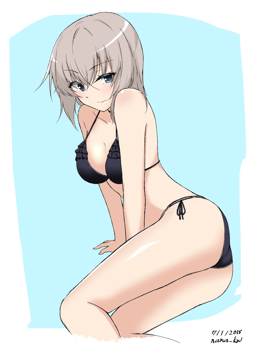 1girl arm_support ass bangs bikini black_bikini blue_background blue_eyes blush breasts cleavage closed_mouth commentary cropped_legs dated eyebrows_visible_through_hair frilled_bikini frills frown girls_und_panzer highres itsumi_erika legs long_hair looking_at_viewer looking_back lying medieval nama_kn on_side outside_border side-tie_bikini silver_hair solo swimsuit twitter_username