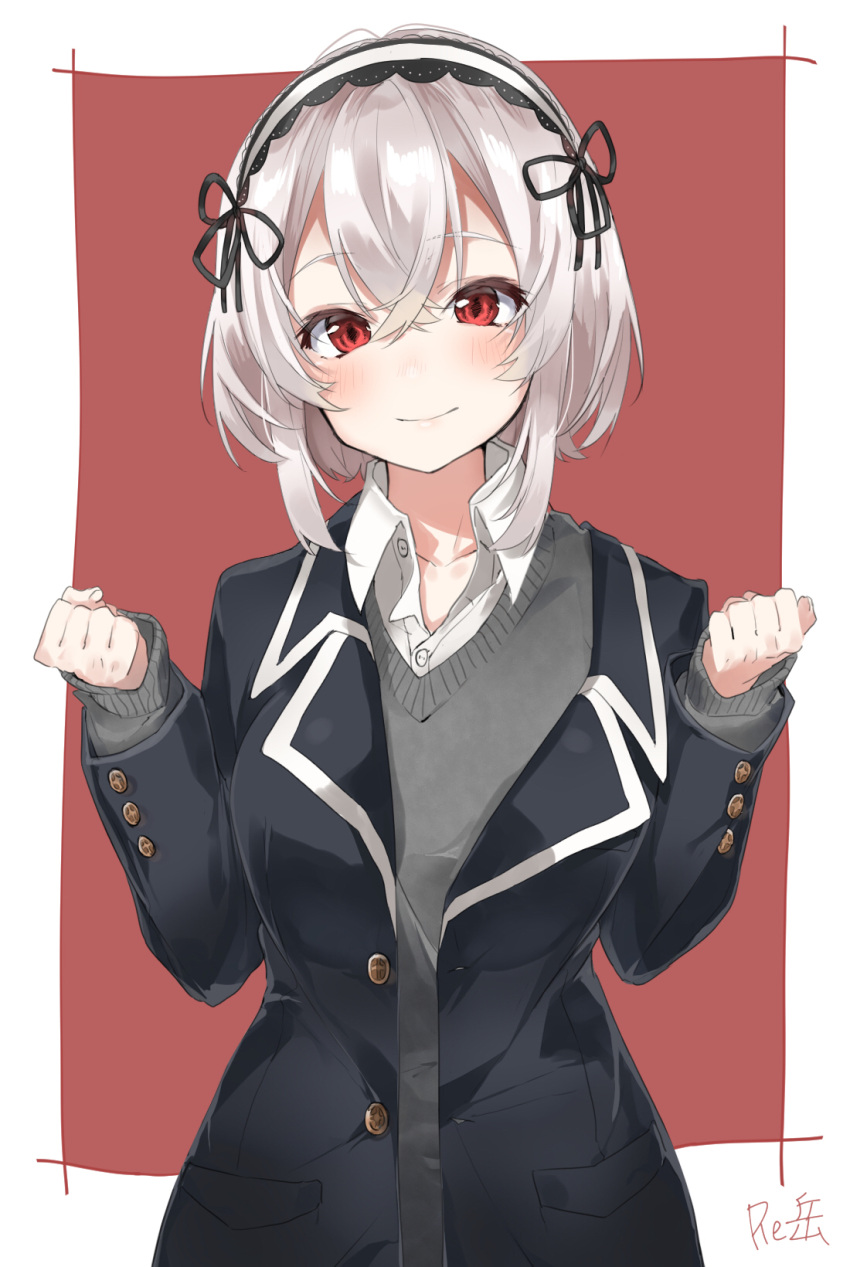 1girl azur_lane bangs blush chousuke_(chobisuke) clenched_hands closed_mouth collarbone collared_shirt commentary_request crossed_bangs eyebrows_visible_through_hair grey_sweater hair_between_eyes hands_up head_tilt highres jacket lace-trimmed_hairband long_sleeves looking_at_viewer nose_blush partially_unbuttoned red_eyes shirt short_hair sidelocks signature sirius_(azur_lane) slit_pupils smile solo standing sweater white_hair white_shirt