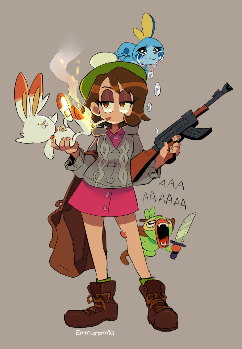 1girl bag boots cigarette creatures_(company) crying eyeshadow female_protagonist_(pokemon_swsh) game_freak grey_background grey_jacket grookey gun highres jacket knife machine_gun makeup nintendo pink_skirt pokemon scorbunny screaming skirt sobble tam_o'_shanter weapon