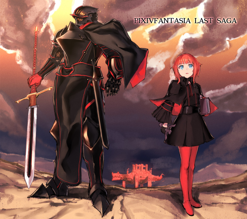 1boy 1girl armor black_armor black_cape black_footwear black_shirt blue_eyes book bracelet brooch cape clouds copyright_name day facing_viewer fortress gauntlets gloves helmet highres holding holding_book holding_sword holding_wand holding_weapon jewelry knight long_sleeves outdoors pixiv_fantasia_last_saga poco_(backboa) red_footwear red_gloves red_legwear redhead sheath sheathed shirt short_hair standing sword wand weapon