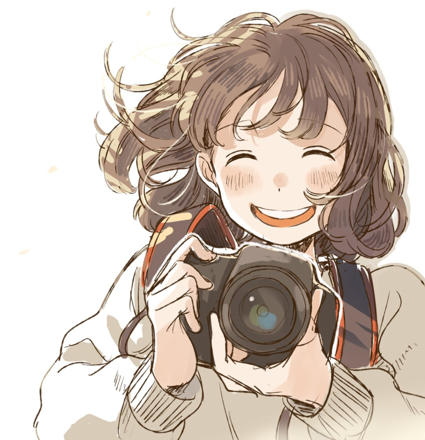 1girl :d ^_^ adjusting_camera bangs beige_shirt blush brown_hair camera closed_eyes closed_eyes commentary_request facing_viewer highres holding holding_camera kana_(okitasougo222) long_sleeves open_mouth original short_hair smile solo sweatshirt upper_body white_background