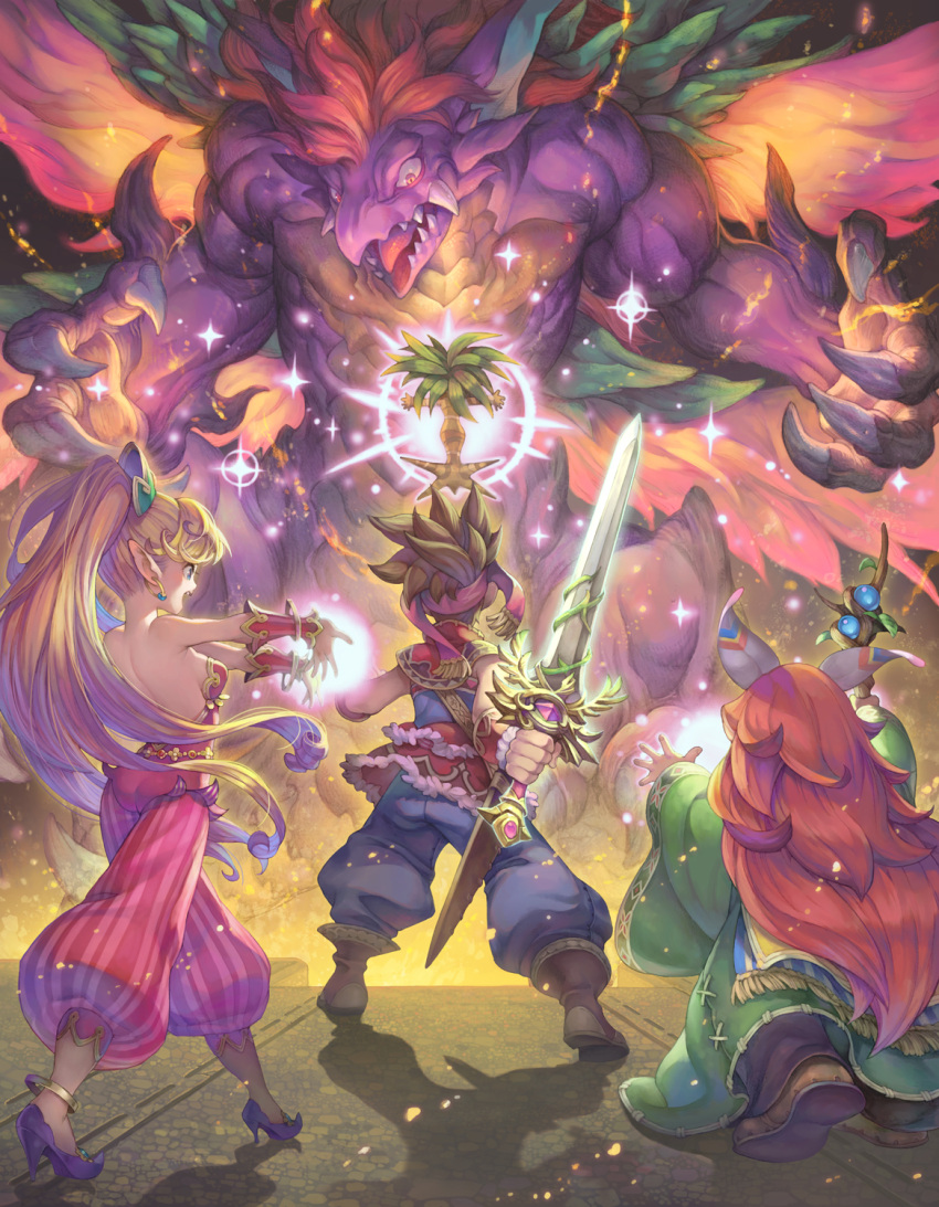 1boy 1girl 1other anklet ass backless_outfit baggy_pants bangle bare_back blonde_hair bracelet bracer breasts brown_hair capelet claws dragon dryad_(seiken_densetsu) faceoff fangs flipped_hair haccan harem_pants headband high_heels highres holding holding_sword holding_weapon jewelry leotard long_hair magic mana_dragon multiple_wings muscle official_art pants pink_leotard pointy_ears pointy_shoes ponytail popoi primm randi redhead robe seiken_densetsu seiken_densetsu_2 shoes sideboob size_difference small_breasts spiky_hair square_enix strapless strapless_leotard sword weapon wings
