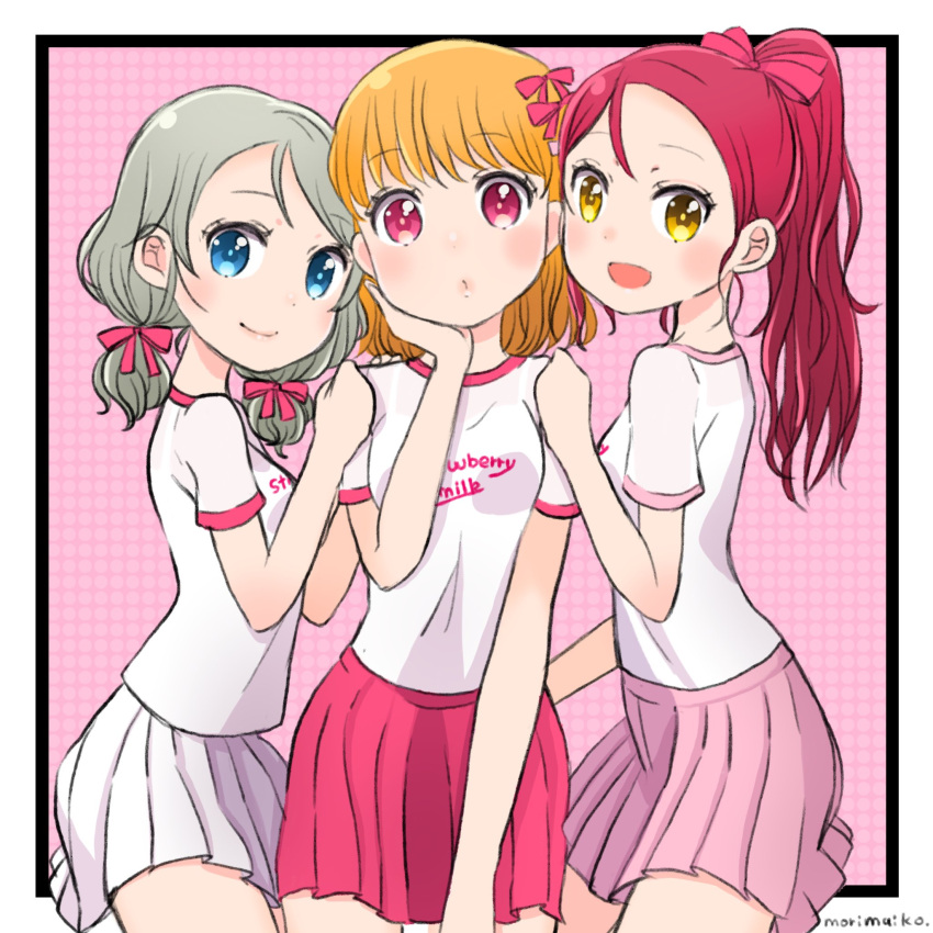 3girls :d aida_rikako artist_name bangs black_border blue_eyes blush border clothes_writing commentary_request grey_hair hair_ribbon hand_on_another's_shoulder hand_on_own_chin highres inami_anju looking_at_viewer love_live! love_live!_sunshine!! low_twintails morimaiko multiple_girls open_mouth orange_hair photo-referenced pink_background pink_skirt pleated_skirt ponytail puckered_lips red_eyes red_ribbon red_skirt redhead ribbon saitou_shuka sakurauchi_riko seiyuu_connection shirt short_hair short_sleeves short_twintails skirt smile takami_chika twintails watanabe_you white_shirt white_skirt yellow_eyes