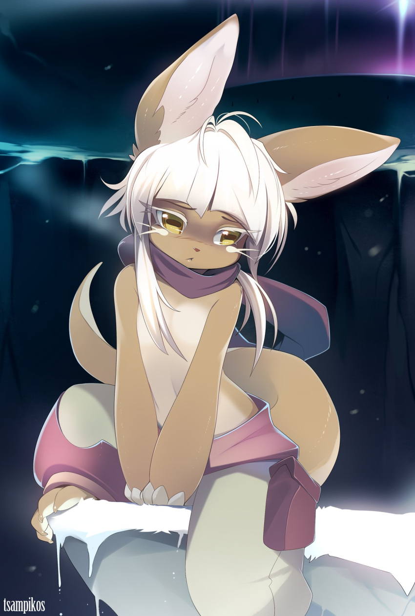 1other animal_ears artist_name blush fur furry highres looking_down made_in_abyss nanachi_(made_in_abyss) purple_scarf scarf short_hair snow solo tail tsampikos white_hair yellow_eyes