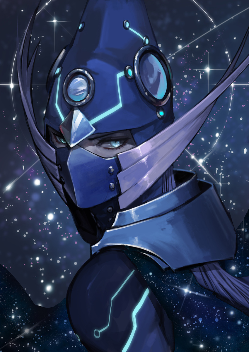 1boy armor blue_eyes blue_hair cape covered_mouth duel_monster fishfall glass glowing glowing_armor helmet highres mask medium_hair reflection shooting_star sky slit_pupils solo space sparkle star star_(sky) starry_sky yu-gi-oh!