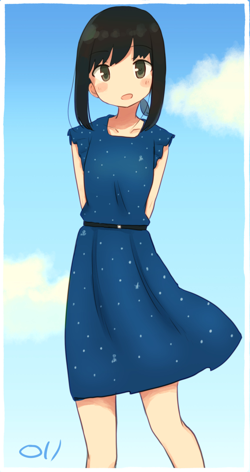 1girl arms_behind_back artist_logo black_hair blue_dress blue_sky brown_eyes clouds cowboy_shot day dress fubuki_(kantai_collection) highres kantai_collection looking_at_viewer low_ponytail ma_rukan open_mouth outdoors polka_dot polka_dot_dress ponytail short_ponytail short_sleeves sidelocks sky solo