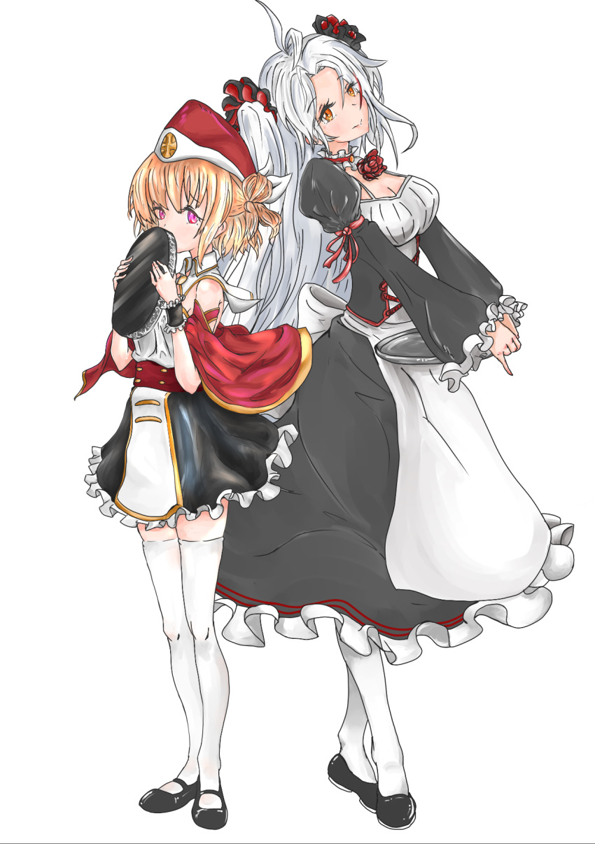 2girls alternate_costume azur_lane blonde_hair breasts commentary_request covering_mouth enmaided hair_ornament hat highres leipzig_(azur_lane) long_hair looking_at_viewer maid multiple_girls orange_eyes prinz_eugen_(azur_lane) short_hair silver_hair simple_background thigh-highs trap violet_eyes white_background white_legwear