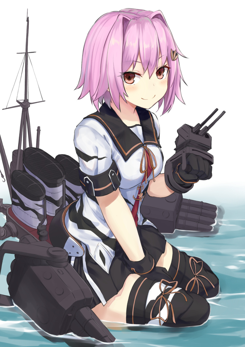 1girl black_gloves black_skirt boots eyebrows_visible_through_hair gloves hair_ornament hairclip highres kantai_collection kou_v05first neckerchief pleated_skirt purple_hair red_eyes remodel_(kantai_collection) rigging sailor_collar school_uniform serafuku short_hair short_sleeves sitting skirt smokestack solo tama_(kantai_collection) thigh-highs thigh_boots torpedo_tubes