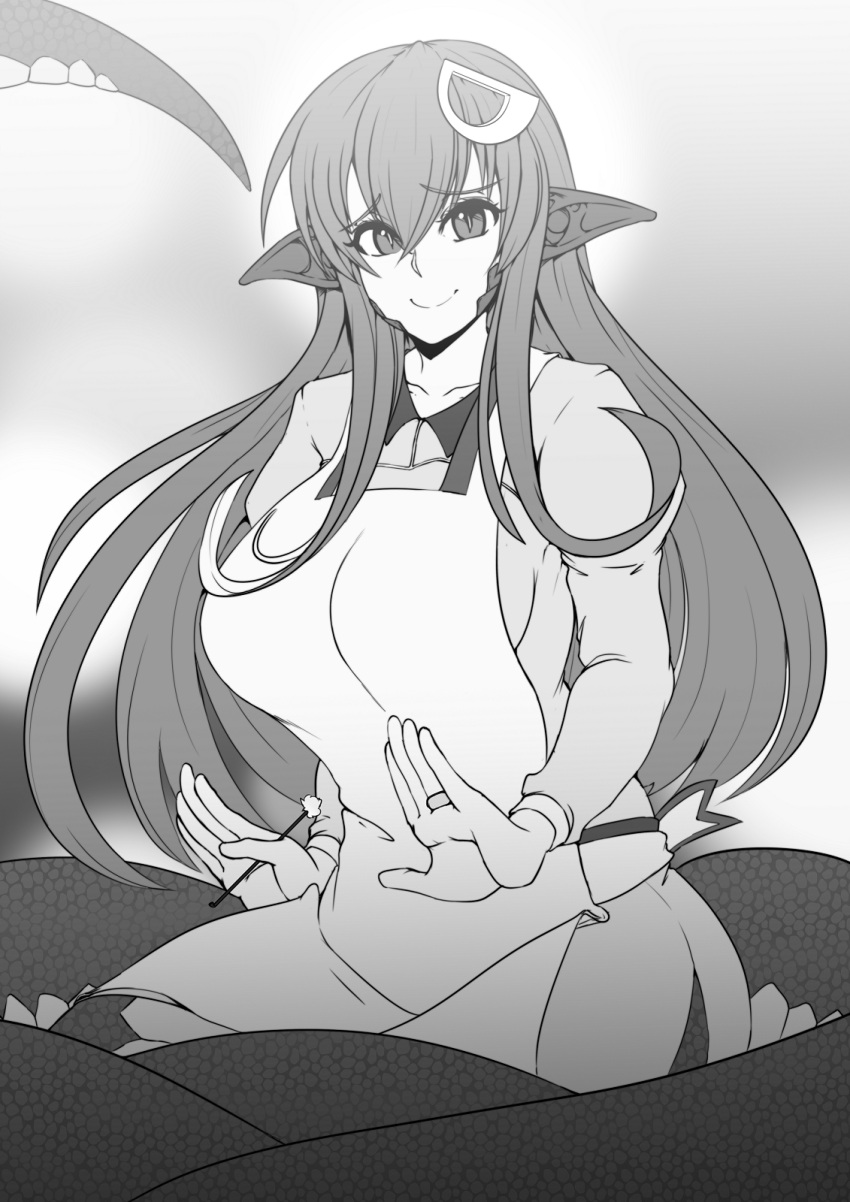 1girl 2018 apron breasts elakan eyebrows_visible_through_hair greyscale hair_between_eyes hair_ornament highres jewelry lamia lap_pillow_invitation large_breasts long_hair looking_at_viewer miia_(monster_musume) mimikaki monochrome monster_girl monster_musume_no_iru_nichijou pointy_ears ring scales slit_pupils smile snake_tail tail very_long_hair wedding_band