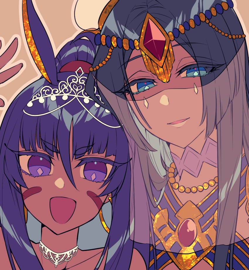 2girls bangs blue_eyes crown dark-skinned_female dark_skin eyebrows_behind_hair eyebrows_visible_through_hair fate/grand_order fate_(series) hair_between_eyes hair_ornament highres jewelry long_hair looking_at_viewer multiple_girls naganegi necklace nitocris_(fate) nitocris_(swimsuit_assassin)_(fate) open_mouth pointy_ears purple_hair scheherazade_(fate) smile swimsuit upper_body veil violet_eyes