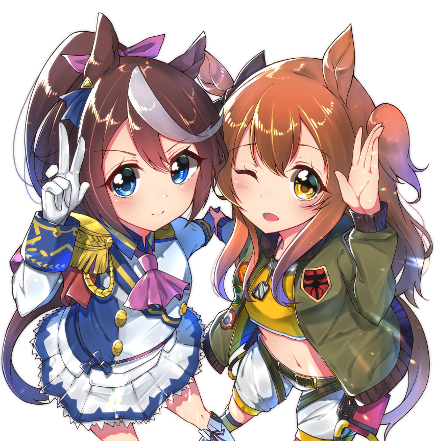 2girls absurdres animal_ears belt blue_eyes boots brown_hair commentary_request dog_tags epaulettes gloves hair_ornament highres horse_ears horse_tail jacket long_hair looking_at_viewer mayano_top_gun midriff misonikomi multicolored_hair multiple_girls navel one_eye_closed open_mouth ponytail salute shorts smile tail tokai_teio umamusume v white_gloves yellow_eyes