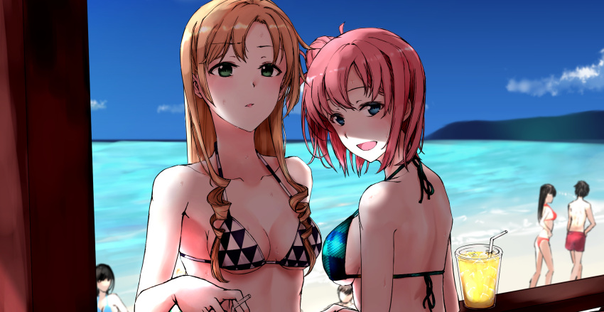 2girls bikini blonde_hair blue_eyes blush breasts cup drink green_eyes hair_ornament highres holiday3345aaa98 long_hair looking_at_viewer miura_yumiko multiple_girls ocean open_mouth pink_hair short_hair summer sweat swimsuit tagme yahari_ore_no_seishun_lovecome_wa_machigatteiru. yuigahama_yui