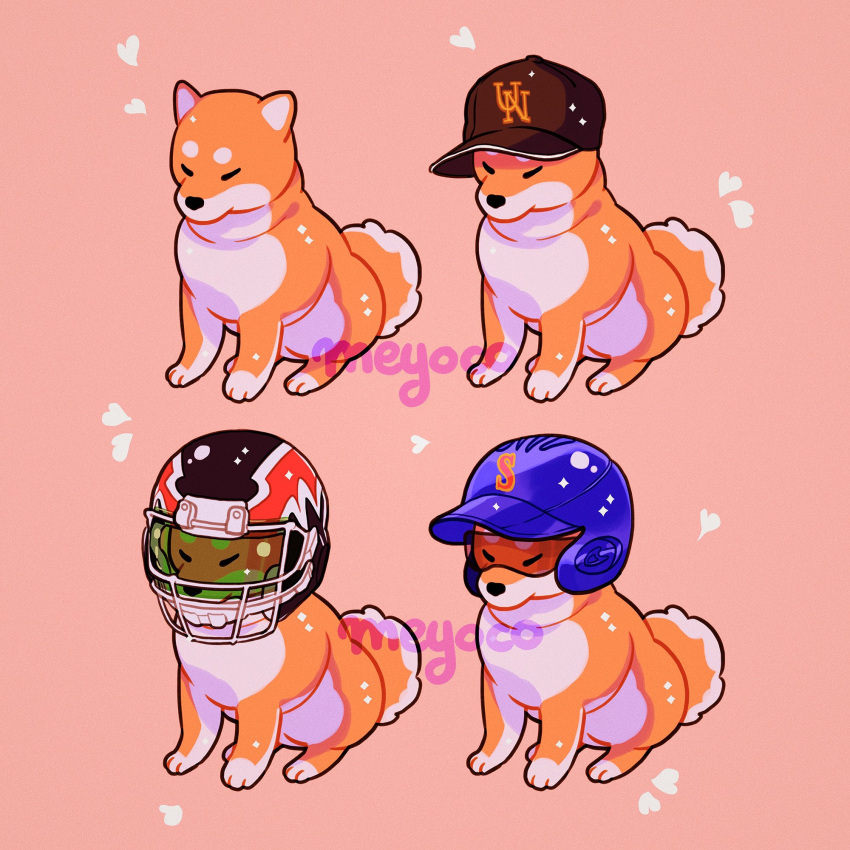 animal animal_focus artist_name baseball_cap baseball_helmet blue_helmet brown_hat dog football_helmet hat helmet highres meyoco no_humans original pink_background shiba_inu simple_background sitting sparkle sportswear