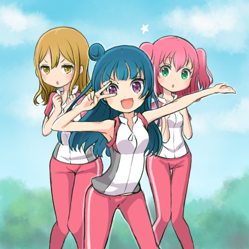 3girls :d :o bangs blue_hair brown_eyes brown_hair clenched_hands commentary_request green_eyes hands_up highres kunikida_hanamaru kurosawa_ruby looking_at_viewer love_live! love_live!_sunshine!! morimaiko multiple_girls open_mouth pants red_pants redhead shirt short_hair short_sleeves side_bun smile star track_pants tsushima_yoshiko two_side_up v-shaped_eyebrows v_over_eye violet_eyes white_shirt