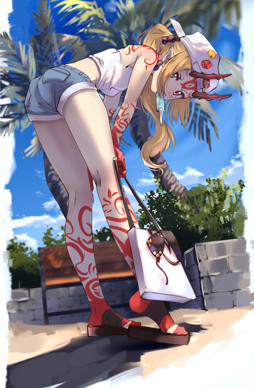 1girl ass backwards_hat bag bare_shoulders baseball_cap bent_over blonde_hair blue_sky breasts casual contemporary denim denim_shorts earrings facial_mark fate/grand_order fate_(series) fingernails forehead_mark hat highres horns ibaraki_douji_(fate/grand_order) jewelry legs long_hair looking_at_viewer nakasaku-p oni oni_horns palm_tree pointy_ears ponytail sandals sharp_fingernails short_shorts shorts shoulder_bag sky solo tattoo thighs tree yellow_eyes