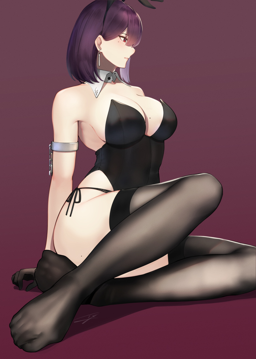 1girl absurdres animal_ears armlet bangs bare_shoulders black_gloves black_legwear black_leotard blush breasts bunnysuit chains cleavage closed_mouth detached_collar earrings feet gloves hayabusa highres hip_focus jewelry large_breasts legs leotard mole mole_on_ass mole_on_breast mole_under_eye original paid_reward patreon_reward purple_background purple_hair rabbit_ears red_eyes short_hair sitting solo thigh-highs thighs