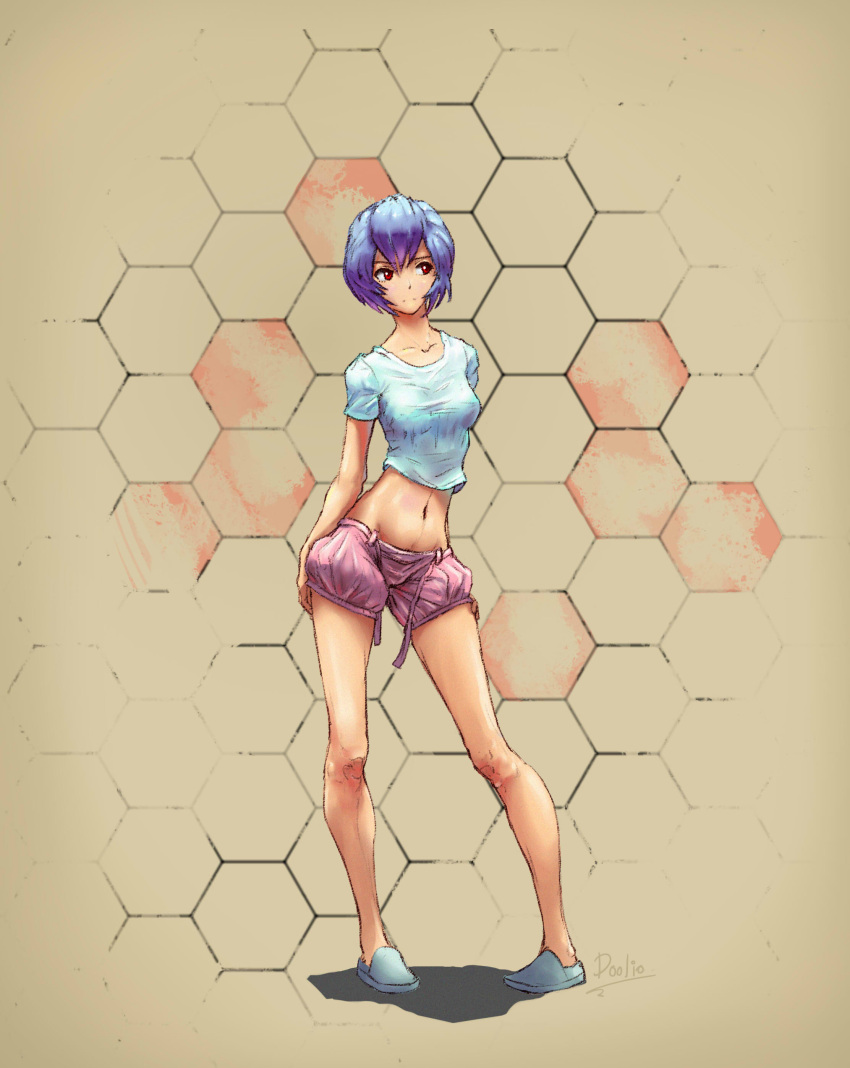 1girl absurdres arms_at_sides ayanami_rei blue_hair breasts casual closed_mouth collarbone commentary contrapposto crop_top doolio english_commentary expressionless eyebrows female flats full_body groin hexagon highres legs_apart long_legs lowleg lowleg_shorts navel neon_genesis_evangelion pigeon-toed pink_shorts red_eyes shirt short_hair shorts small_breasts solo standing stomach summer t-shirt