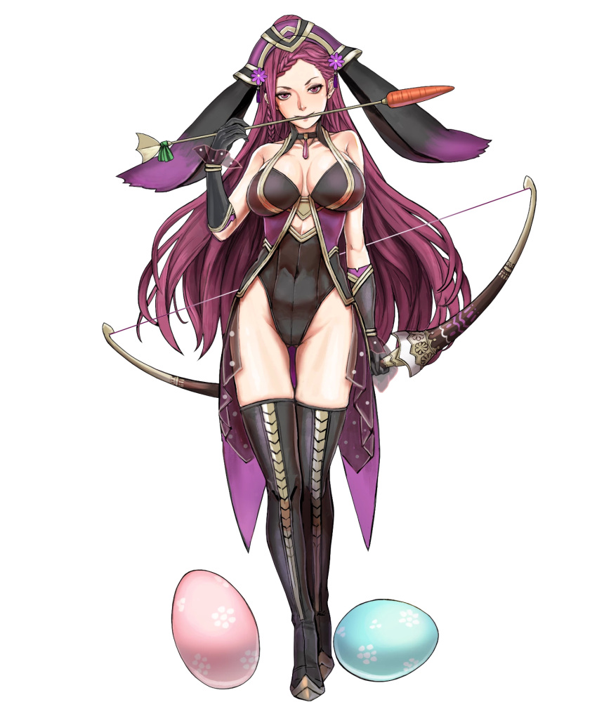 1girl animal_ears arrow bare_shoulders black_gloves boots bow_(weapon) breasts cleavage collarbone covered_navel earrings egg elbow_gloves fake_animal_ears fire_emblem fire_emblem_heroes full_body gloves gluteal_fold hair_ornament highleg highleg_leotard highres holding holding_bow_(weapon) holding_weapon jewelry large_breasts leotard loki_(fire_emblem_heroes) long_hair looking_at_viewer nintendo official_art purple_hair rabbit_ears solo thigh-highs thigh_boots toshiyuki_kusakihara transparent_background violet_eyes weapon
