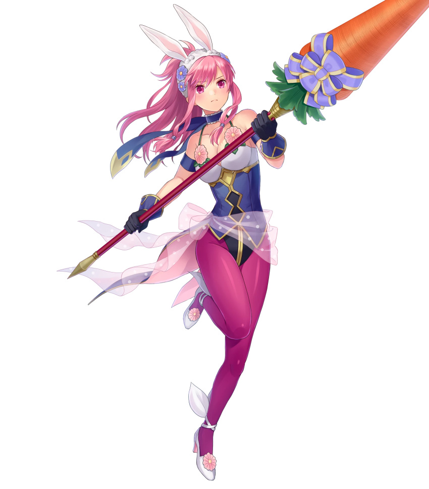 1girl animal_ears artist_request bangs bare_shoulders breasts choker closed_mouth collarbone eyebrows_visible_through_hair fire_emblem fire_emblem:_seima_no_kouseki fire_emblem_heroes gloves high_heels highres holding holding_weapon leg_up leotard long_hair marica_(fire_emblem) medium_breasts nintendo official_art pantyhose pink_hair polearm rabbit_ears see-through shiny shiny_clothes solo spear transparent_background violet_eyes weapon white_footwear