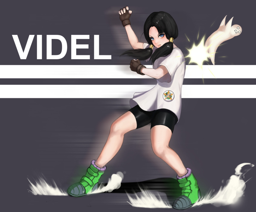 1girl arc2urus bike_shorts black_gloves black_hair black_shorts blue_eyes character_name dragon_ball faceless faceless_male fingerless_gloves gloves grey_background grey_footwear highres looking_at_viewer punching shirt shorts simple_background solo t-shirt twintails videl
