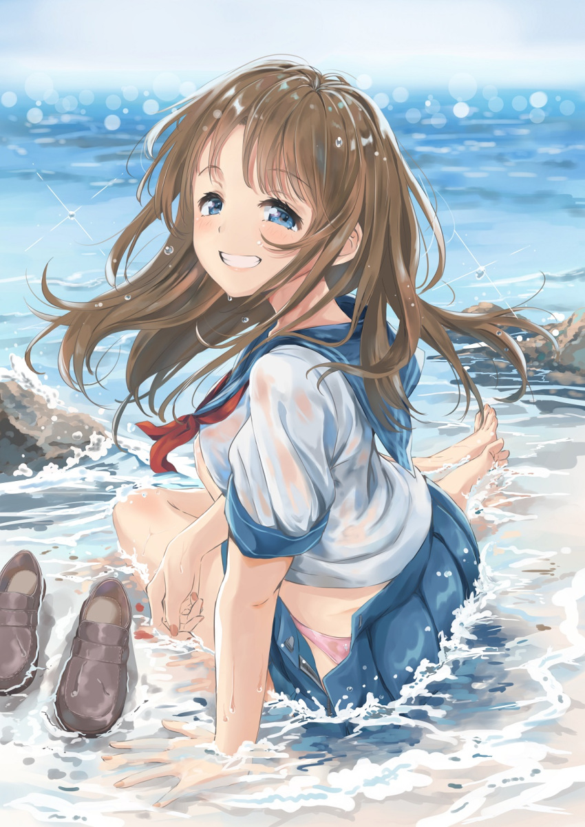 1girl barefoot blue_eyes blue_sailor_collar blue_skirt brown_footwear brown_hair eyebrows_visible_through_hair floating_hair grin highres loafers long_hair miniskirt neckerchief open_clothes open_skirt original outdoors panties pink_panties pleated_skirt red_neckwear sailor_collar shirt shoes short_sleeves sitting skirt smile soles solo timo_wei95 underwear wet wet_clothes wet_panties wet_shirt wet_skirt white_shirt