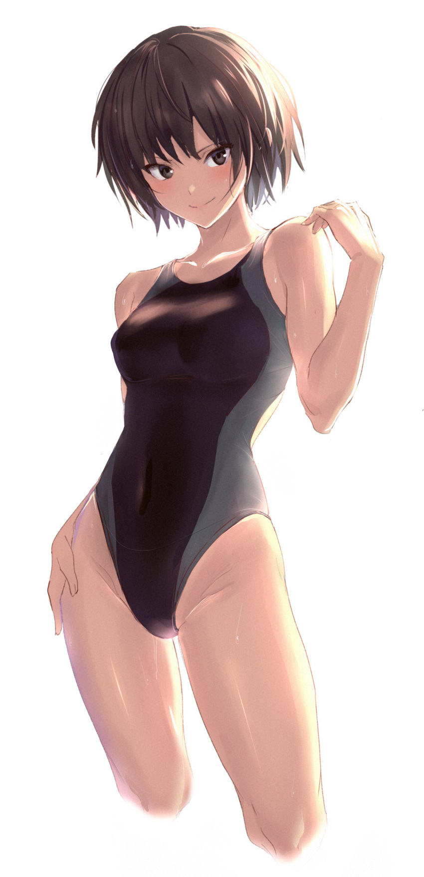 1girl absurdres amagami backlighting black_eyes black_hair breasts closed_mouth competition_swimsuit contrapposto covered_navel cropped_legs hand_up highres looking_at_viewer medium_breasts nanasaka_ai one-piece_swimsuit shiny shiny_skin short_hair simple_background smile solo swimsuit ulrich_(tagaragakuin) white_background