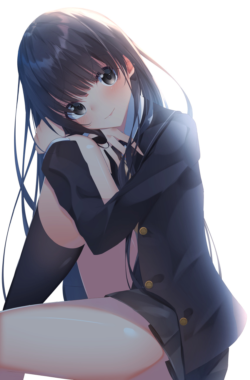 1girl absurdres amagami ayatsuji_tsukasa bangs black_hair black_jacket black_legwear black_neckwear blazer blush closed_mouth collared_shirt commentary_request eyebrows_visible_through_hair grey_eyes grey_skirt head_tilt highres jacket kibito_high_school_uniform knee_up kneehighs leg_hug long_hair long_sleeves looking_at_viewer necktie open_blazer open_clothes open_jacket pleated_skirt school_uniform shirt sitting skirt smile solo suisen-21 very_long_hair white_shirt