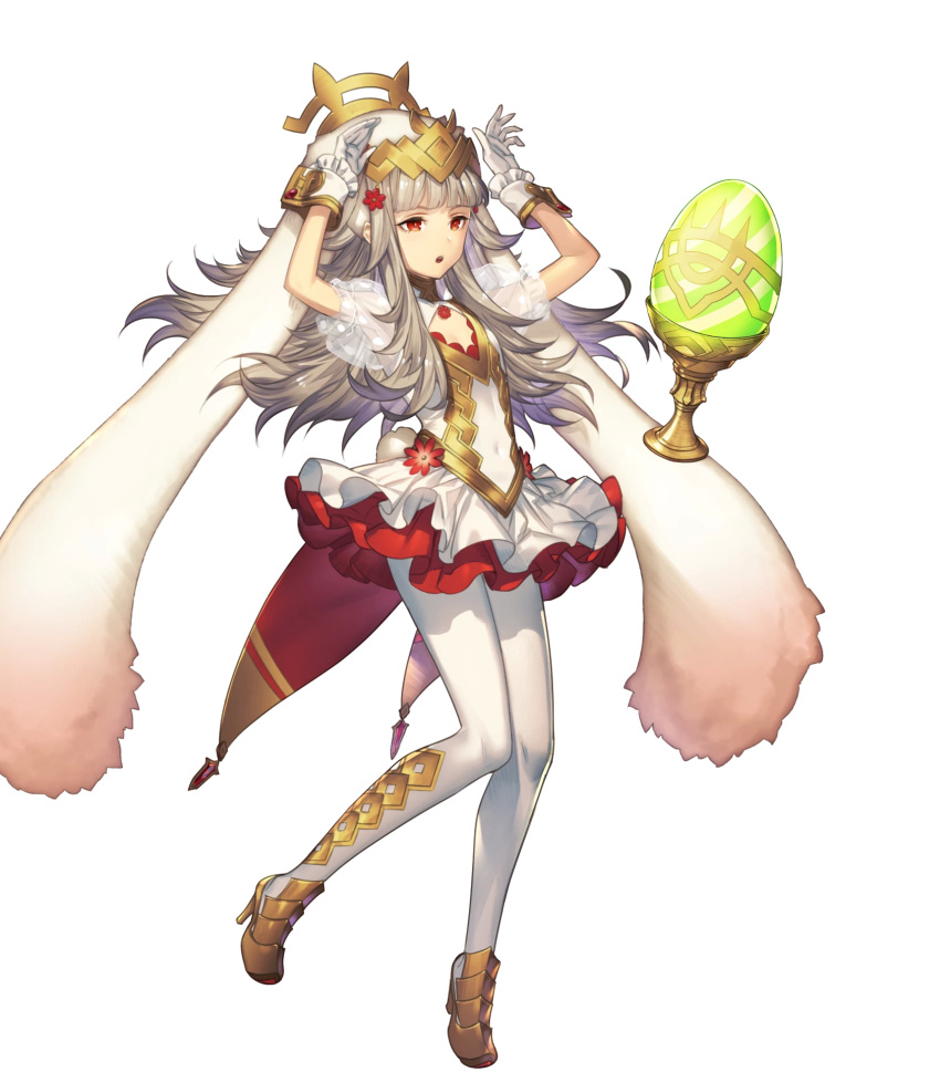 1girl animal_ears bangs covered_navel dress fire_emblem fire_emblem_heroes flat_chest full_body gloves hair_ornament high_heels highres long_hair nintendo official_art open_mouth pantyhose puffy_short_sleeves puffy_sleeves rabbit_ears red_eyes see-through short_dress short_sleeves silver_hair solo umiu_geso veronica_(fire_emblem) white_gloves