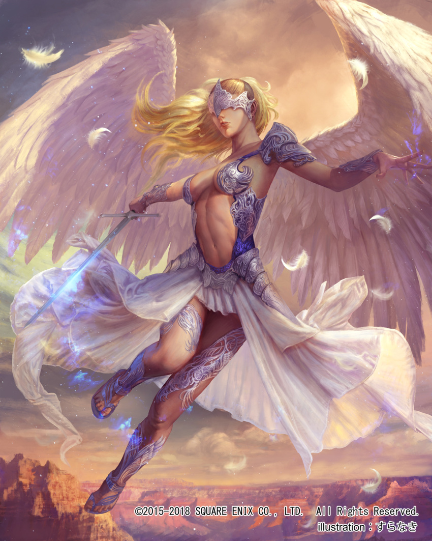 1girl angel_wings armor artist_name blonde_hair bracer breasts clouds company_name covered_eyes facing_viewer full_body highres holding holding_sword holding_weapon long_skirt medium_breasts midair mobius_final_fantasy navel official_art outdoors sandals skirt solo sunset sura sword watermark weapon white_feathers white_skirt white_wings wings