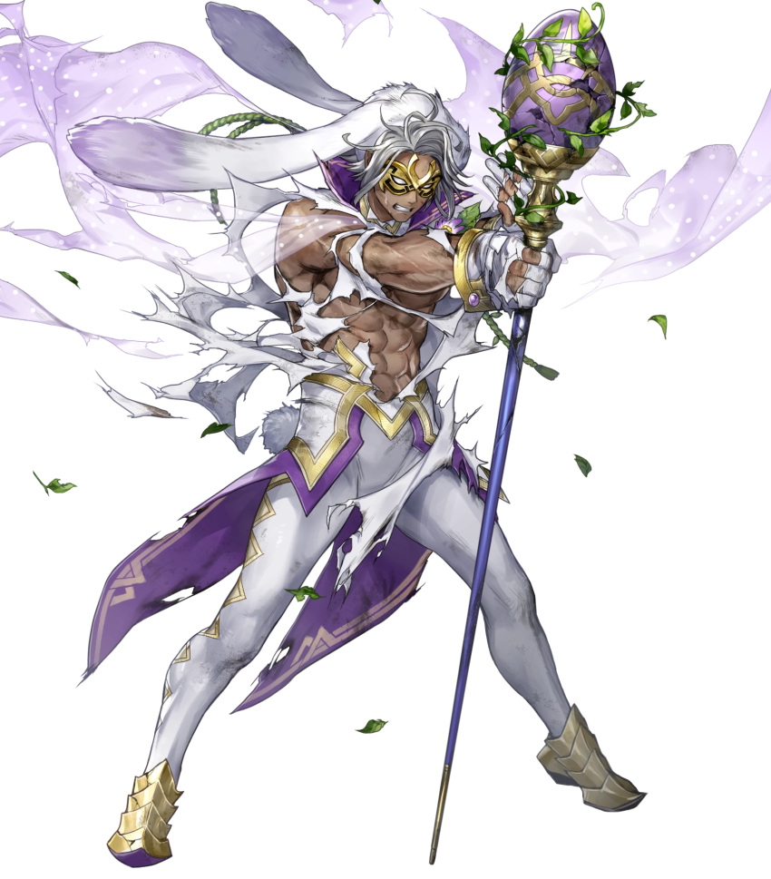 1boy abs alternate_costume animal_ears cape dark_skin egg fire_emblem fire_emblem_heroes flower full_body gloves grey_hair highres injury leaf male_focus mask muscle mysterious_man_(fire_emblem) nintendo official_art p-nekor rabbit_ears teeth torn_clothes transparent_background