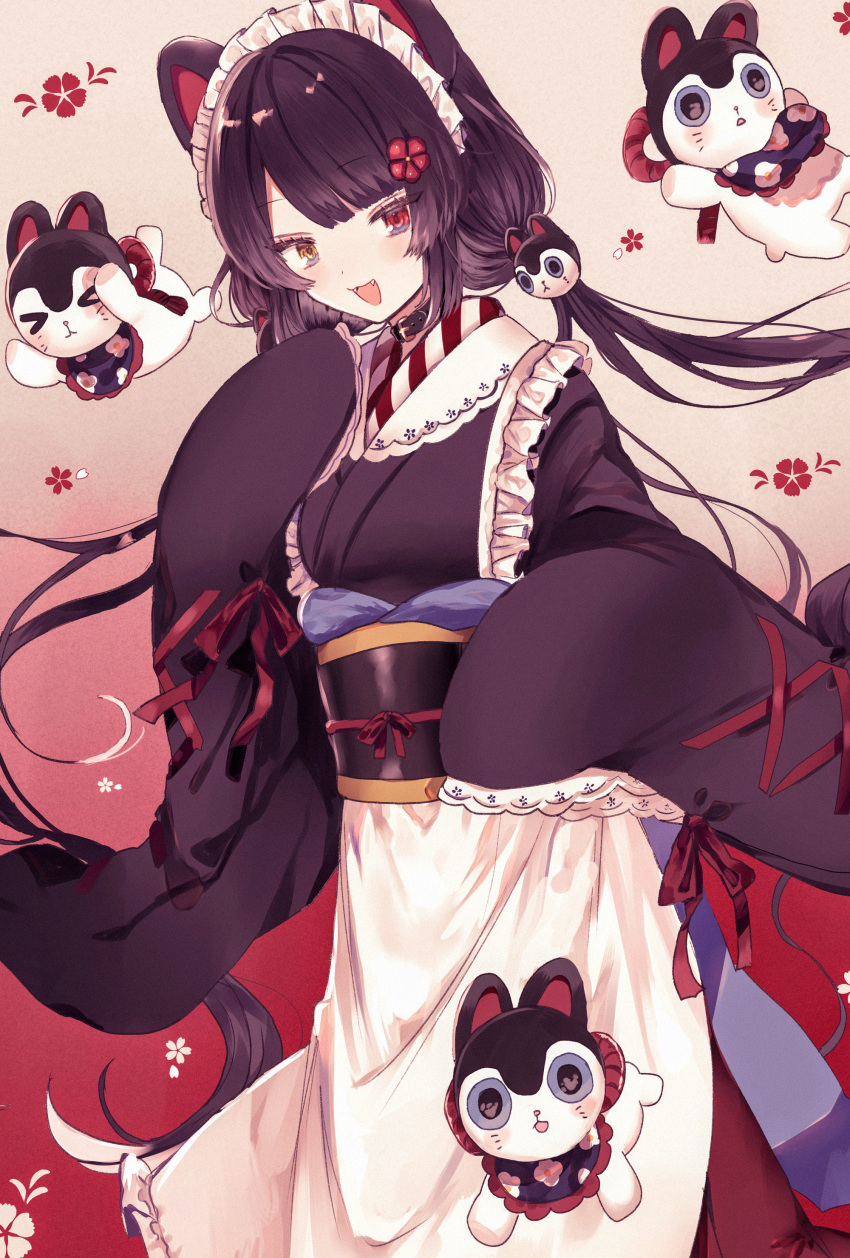 1girl absurdres animal_ears apron bangs black_collar black_hair blush collar commentary cowboy_shot dog dog_ears fangs flower frills furisode gradient gradient_background hair_flower hair_ornament heterochromia highres inui_toko japanese_clothes kimono long_hair long_sleeves looking_at_viewer maid_apron maid_headdress nijisanji obi open_mouth red_background red_eyes sash sleeves_past_fingers sleeves_past_wrists smile solo standing very_long_hair virtual_youtuber wide_sleeves y_o_u_k_a yellow_eyes