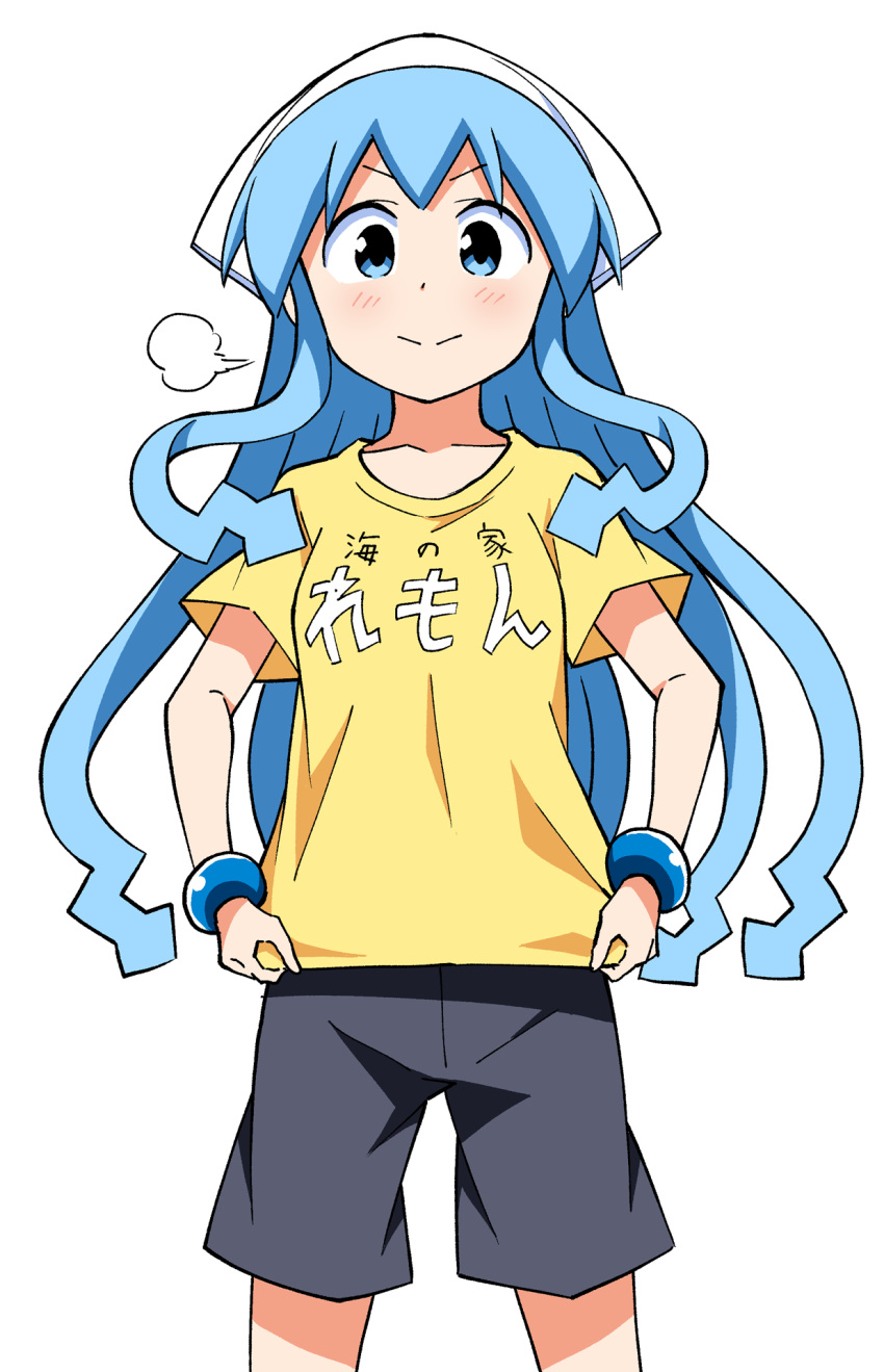 1girl :&gt; =3 adjusting_clothes alternate_costume anbe_masahiro bangs black_shorts blue_eyes blue_hair blush bracelet closed_mouth clothes_writing collarbone dot_nose eyebrows_visible_through_hair hat highres ikamusume jewelry long_hair looking_at_viewer shinryaku!_ikamusume shirt short_sleeves shorts simple_background smile solo squid_hat tareme tentacle_hair v-shaped_eyebrows white_background white_hat yellow_shirt